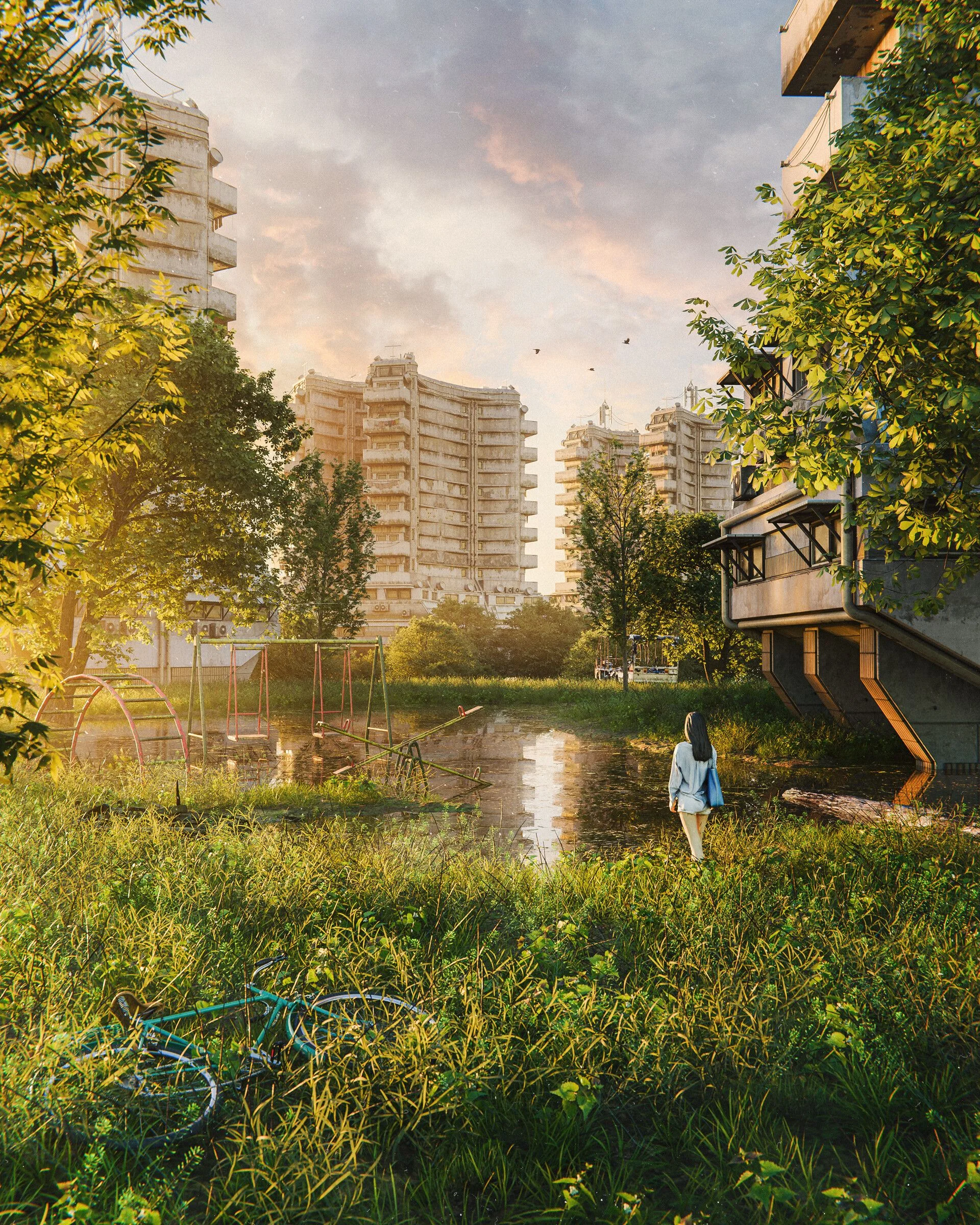 Vegetación y agua entre edificios de hormigón, bajo una luz cálida.
